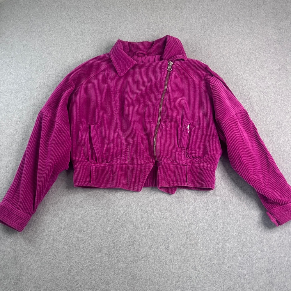 Free People Corduroy Bomber Jacket‎ Zip Pockets Fuchsia Dolman Sleeve fits M
